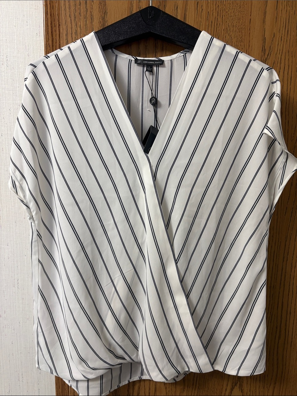 Adrianna Papell White with Navy Pinstripe Surplice Blouse